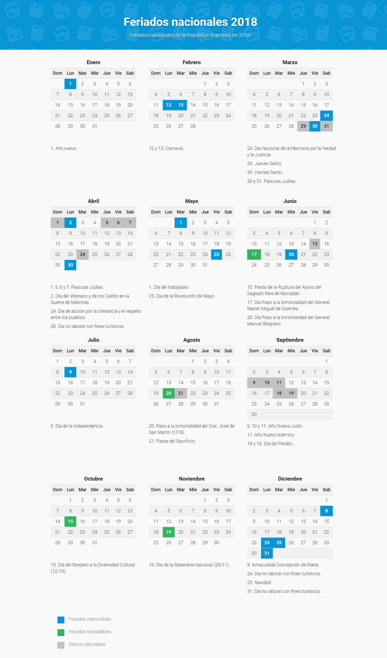 Calendario de Feriados 2018
